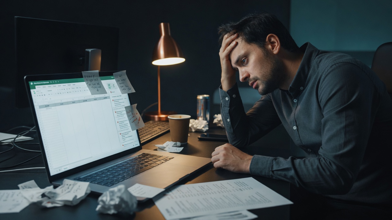 Frustrated business engineer facing empty lead columns late at night